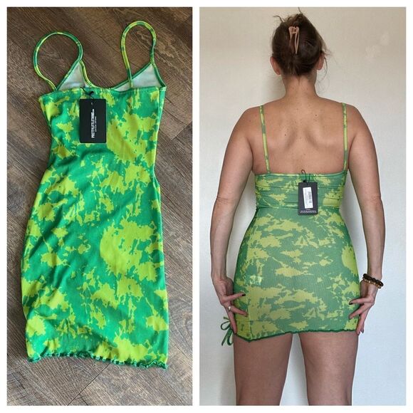 PrettyLittleThing Bodycon Mini Dress NEW Ruched Green Tie Dye 2 - Picture 6 of 11